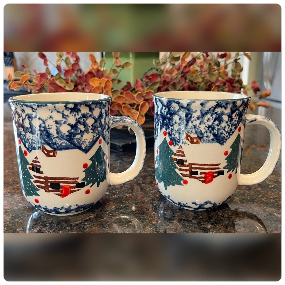 Vintage Folk Craft-Pair of ‘’Cabin in the Snow’ by Tienshan. Mugs.